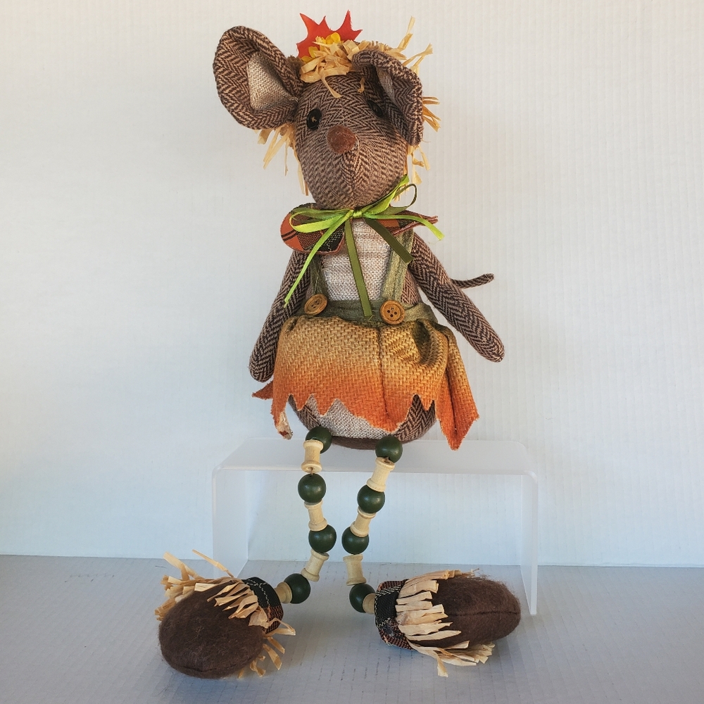 Country Tweed Mouse Shelf Sitter Plush Figurine Beaded Legs Autumn Decor 11"